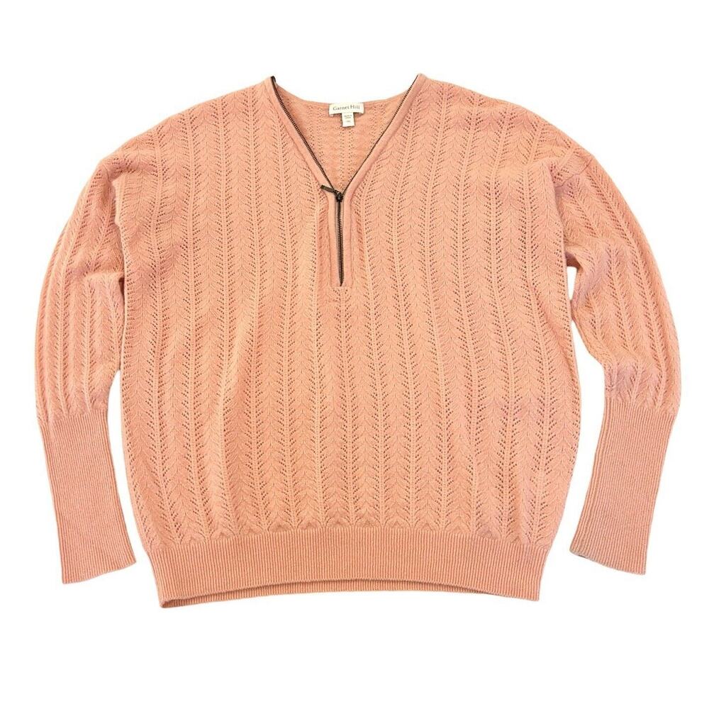 Garnet Hill Cashmere Sweater Womens Size XS Blush Pink Open Knit Zip Pullover